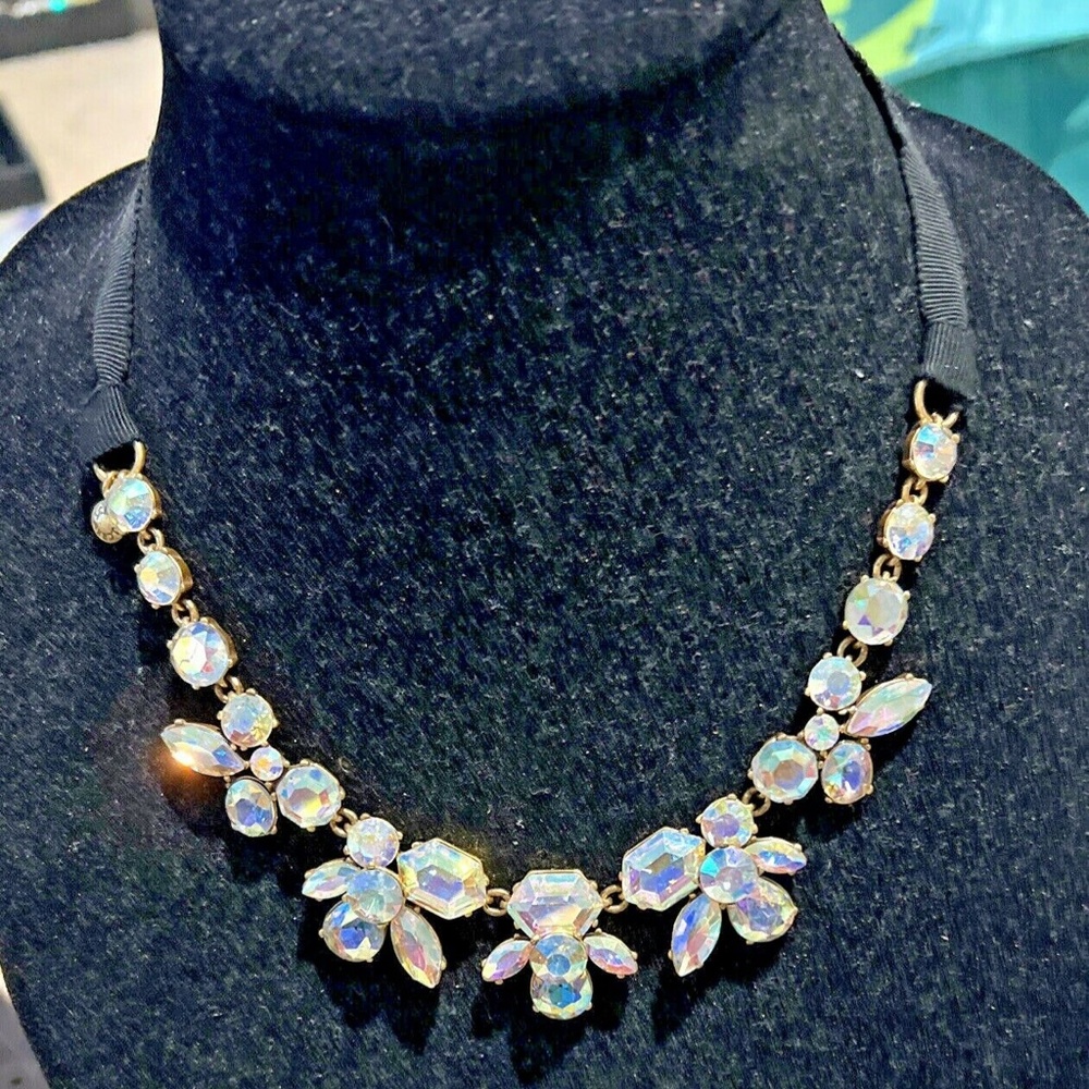 J. Crew Black Ribbon Gold Crystal Rhinestone Tie Necklace